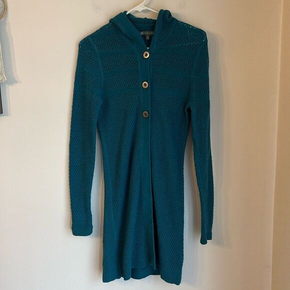 Title Nine Women’s long knit merino alpaca blend teal hooded sweater size small - Picture 1 of 9